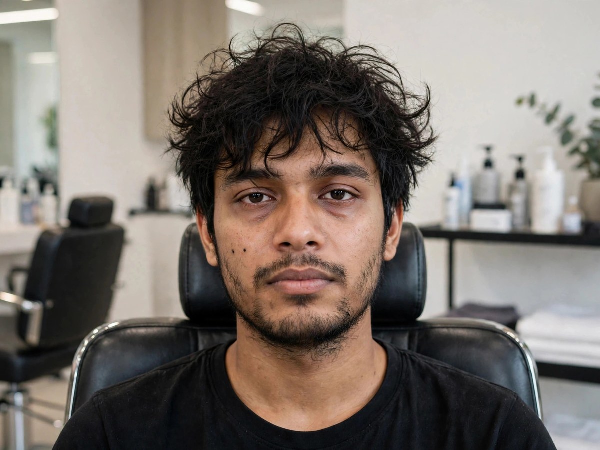 Man with messy hair and unkempt beard before grooming